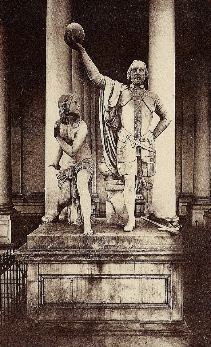 The Discovery of America sculpture, depicting Columbus and a cowering Indian maiden