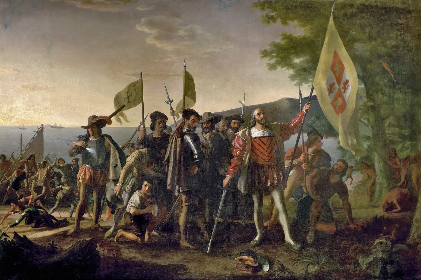 A depiction of Columbus claiming possession of the land in caravels 