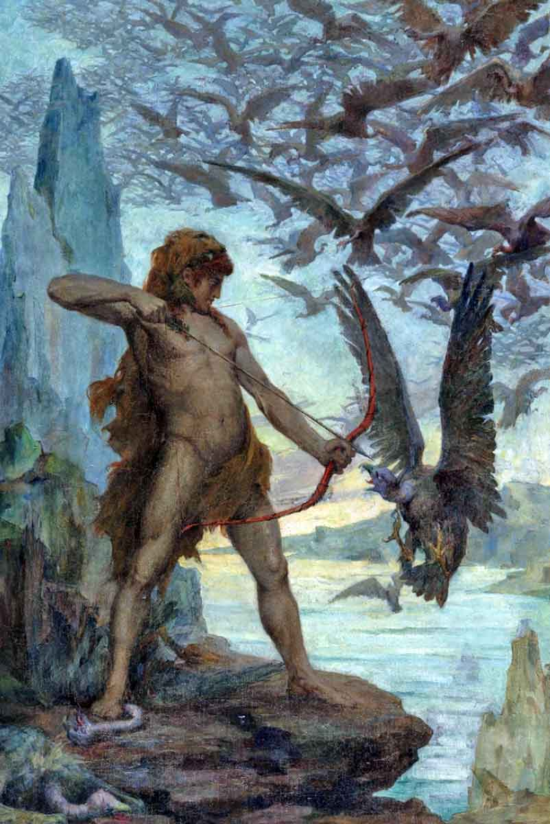 Heracles Destroys the Birds of Stymphalia, by Edgard Maxence, 1893