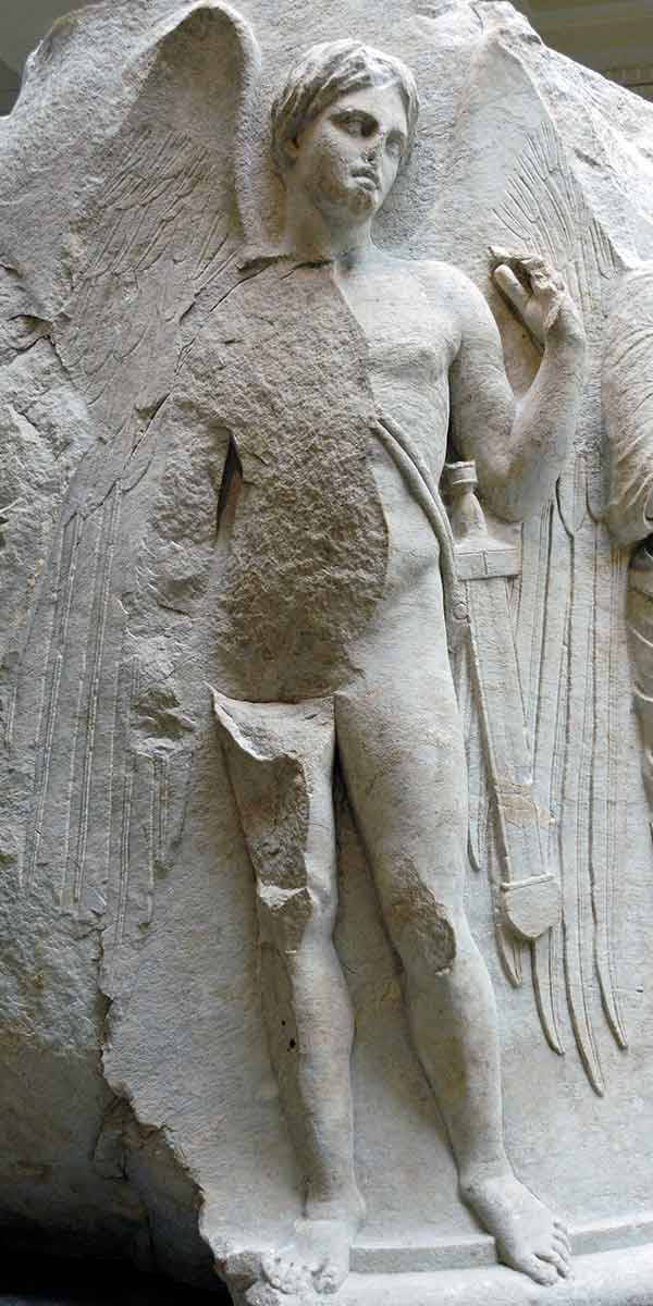 Sculpted marble column drum from the Temple of Artemis at Ephesos, depicting a winged youth identified as Thanatos