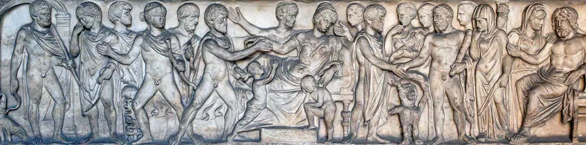 Marble sarcophagus of C. Junius Euhodus and Metilia Acte with scenes from the myth of Admetus and Alecesti