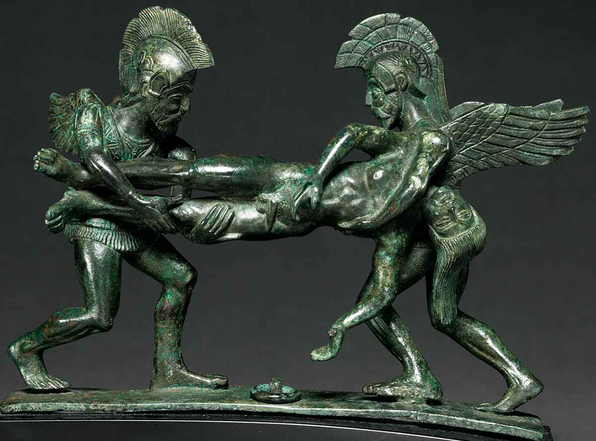 Etruscan bronze Cista handle likely depicting Thanatos and Hypnos carrying the body of Sarpedo