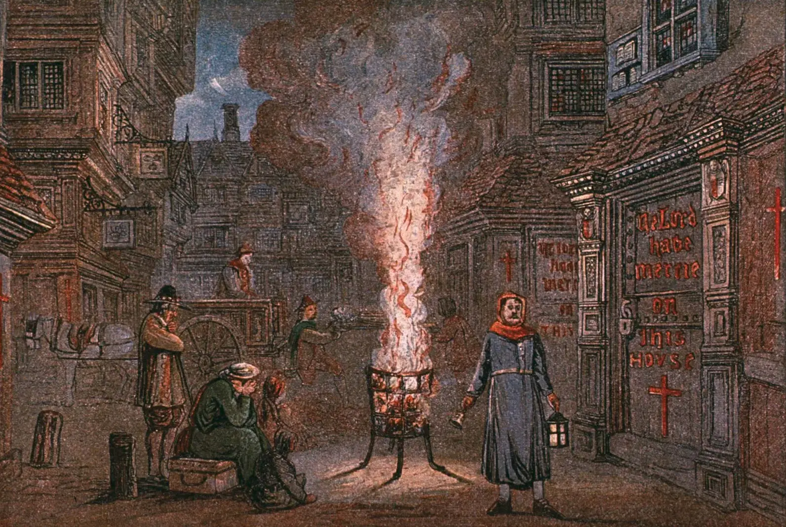 a medieval street scene from the time of the Black Death