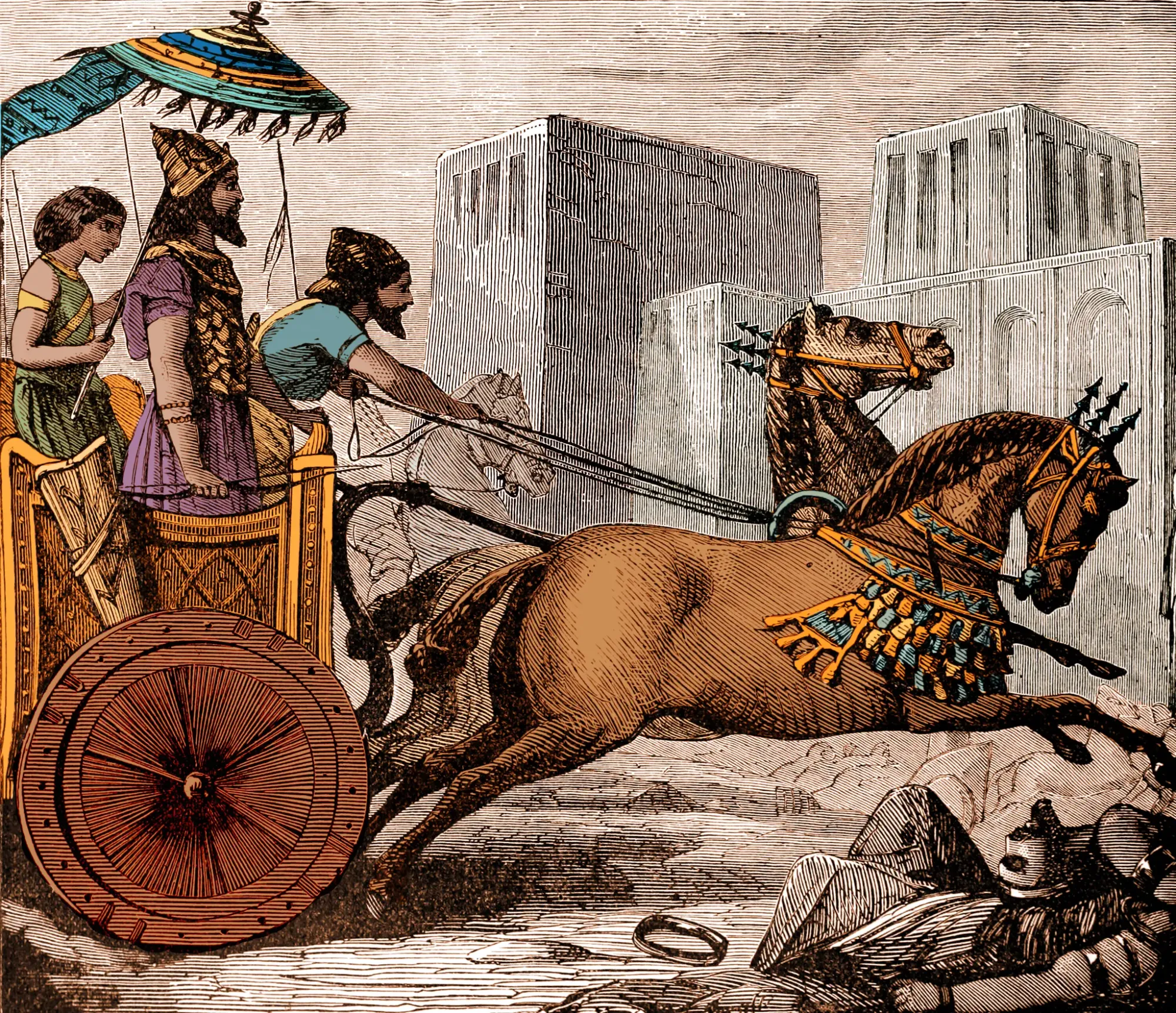 Cyrus the Great (second from left), on a horse-drawn chariot