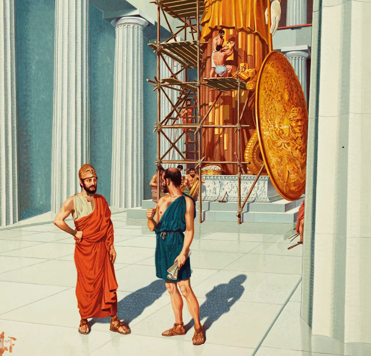 Pericles (left) and Pheidias consult about creation of statue of Athena in this painting.