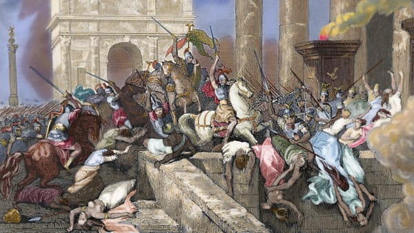 A colored engraving showing the sack of Rome by the Visigoths led by Alaric I in 410